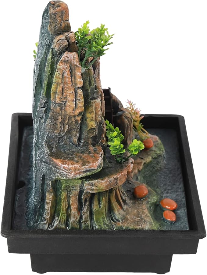 Stone Fountain Indoor Water Fountains Tabletop Waterfall Fountains Relaxing Landscape Atomizing Humidifier with Rockery Plants LED Light for Home Office Bedroom (B) - Bloomnest