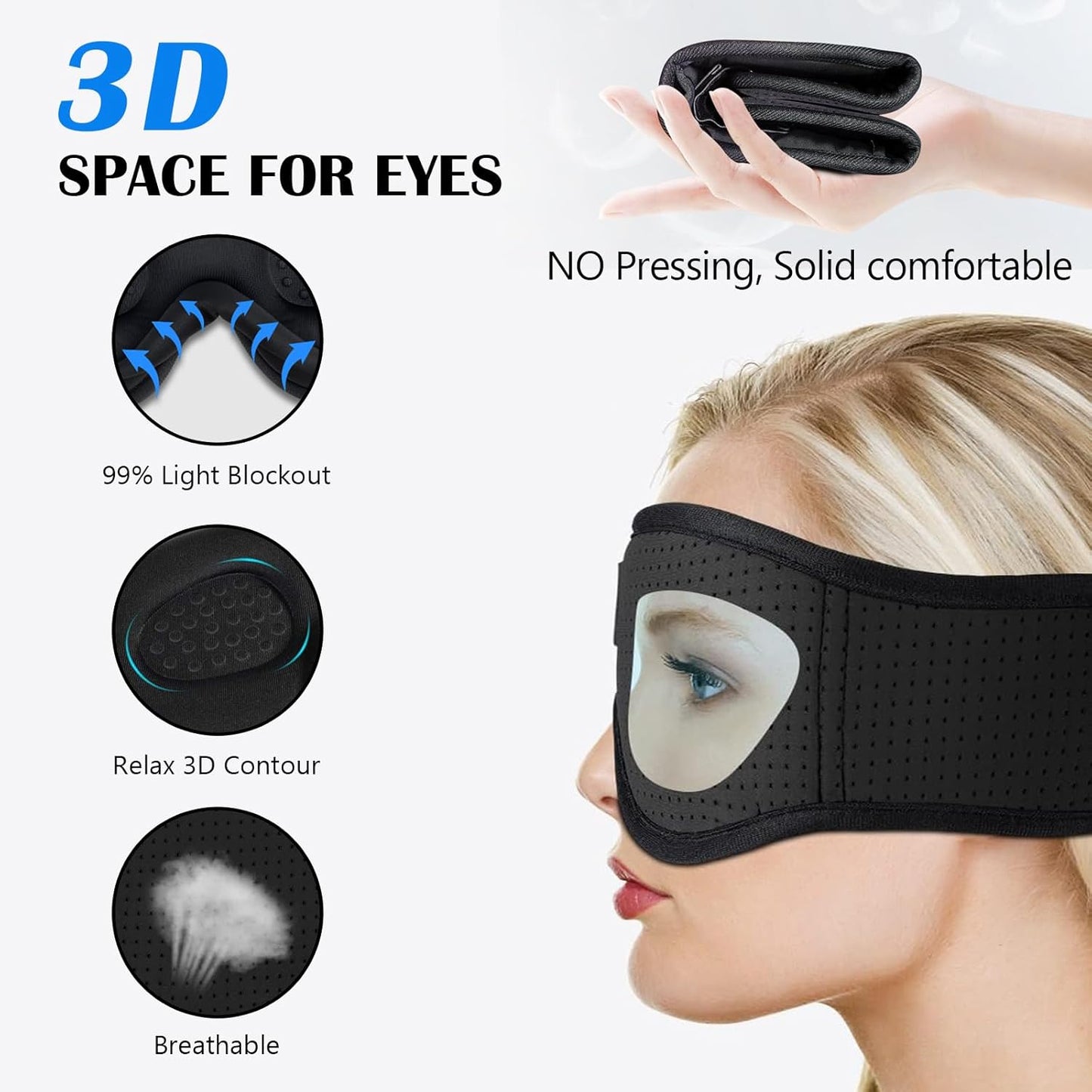 Sleep Headphones, Sleep Mask Bluetooth Wireless Music Eye Mask, Sleeping Headphones for Side Sleepers Sleep Mask with Bluetooth Headphones Ultra-Thin Stereo Speakers for Sleeping (Black)