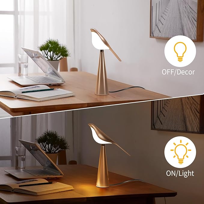 Small Desk Lamp, Bird Lamp, 10 Level Dimmable Brightness Bedside Night Light, Bedroom Table Lamp for Dorm, Office, Gifts, Reading, 3 Colors, Metal Finish, Gold, 360° Rotation - Bloomnest