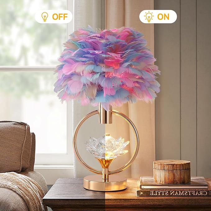 Colorful Feather Lamp Unique Feather Bedside Nightstand Light Goose Furry Desk Lamp Romantic Atmosphere Table Lamp for Girl Bedroom Wedding Decor Living Room Hotel 17IN - Bloomnest