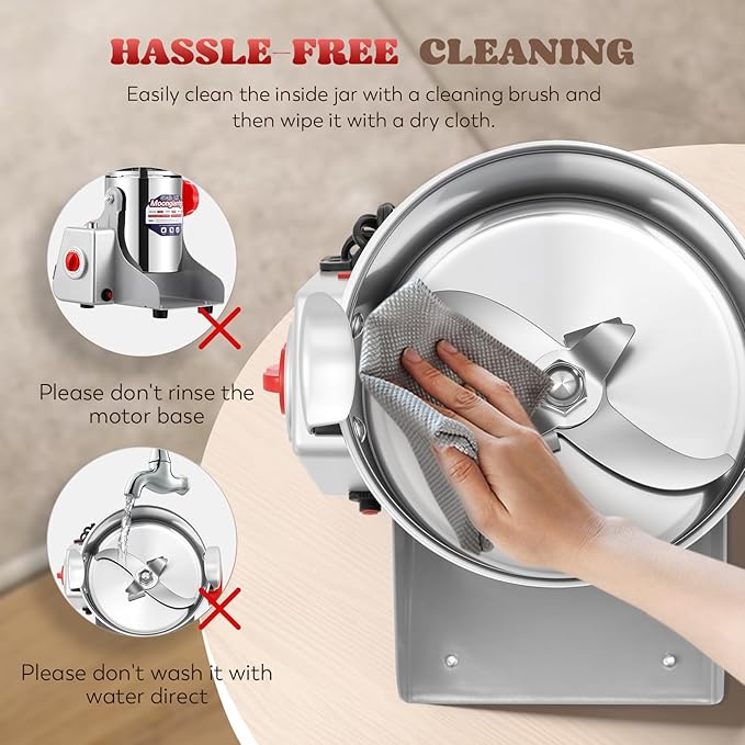 Moongiantgo Upgraded Spiral Seal Grain Mill Grinder Electric 800g 2500W High Speed Spice Grinder Pulverizer Dry Grinding Machine for Dry Cereal Bean Corn Wheat Herbs, with 4 Set Blades (800g, 110V) - Bloomnest