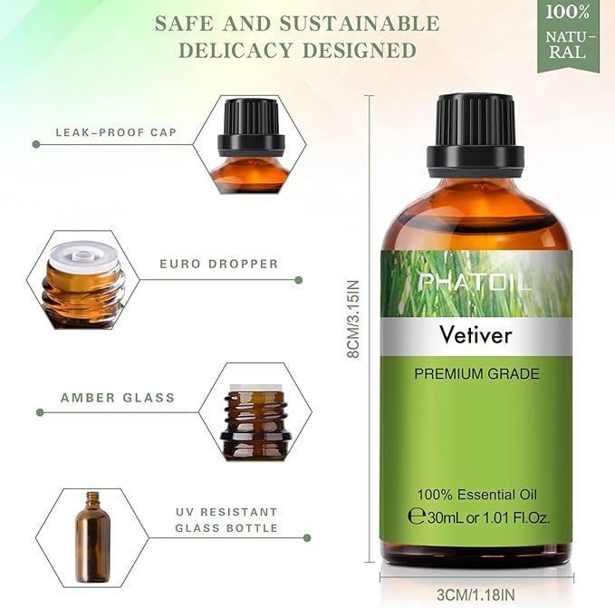 Vetiver Essential Oil, 1.01Fl.Oz (30ML) PHATOIL Pure Essential Oil Singles for Aromatherapy Diffusers, Humidifiers, Great for DIY Candle and Soap Making, Gift for Friend - Bloomnest