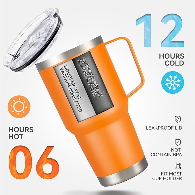 30 oz Tumbler with Handle and Lid, Stainless Steel Tumblers Bulk Double Wall Vacuum Insulated Travel Mug Leak Proof Cup Keep Drinks Cold and Hot Orange, 4 Pack - Bloomnest