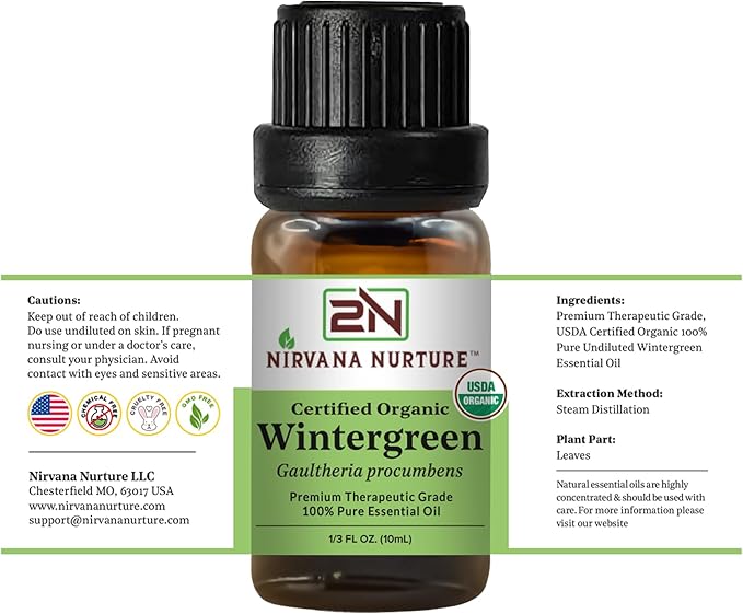 Wintergreen Essential Oil, USDA Certified Organic, 100% Pure Undiluted, Aromatherapy Oil for Diffuser, Hair & Skin Care NirvanaNurture