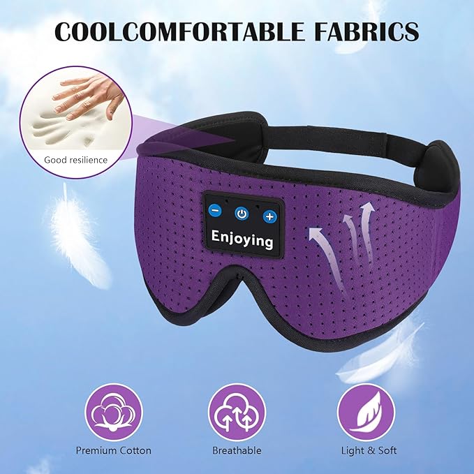 Sleep Headphones, Sleep Mask Bluetooth Wireless Music Eye Mask, Mask with Bluetooth Headphones Ultra-Thin Stereo Speakers Perfect for Sleeping (Purple) - Bloomnest
