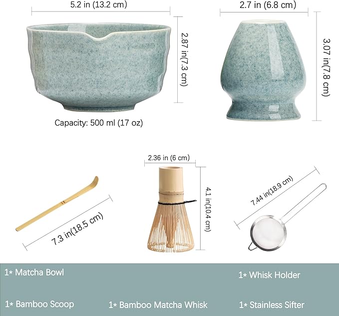 Matcha Kit Set, Matcha Whisk Set Includes Matcha Bowl And Holder, Bamboo Matcha Whisk, Scoop and Matcha Sifter, 17 oz Mottled Blue Glaze Ceramic Matcha Kit for Tea Lovers - Bloomnest