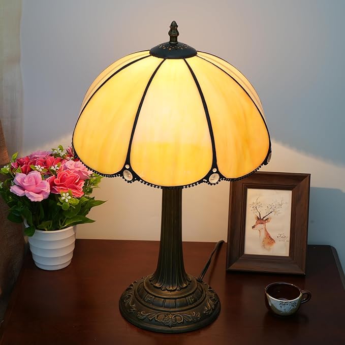 Tiffany Lamp Stained Glass lamp Bedside Table Lamps for Living Room Bedroom Dorm Kitchen Home Decor Festival Birthday Gift,12 inches Grilled Bend - Bloomnest