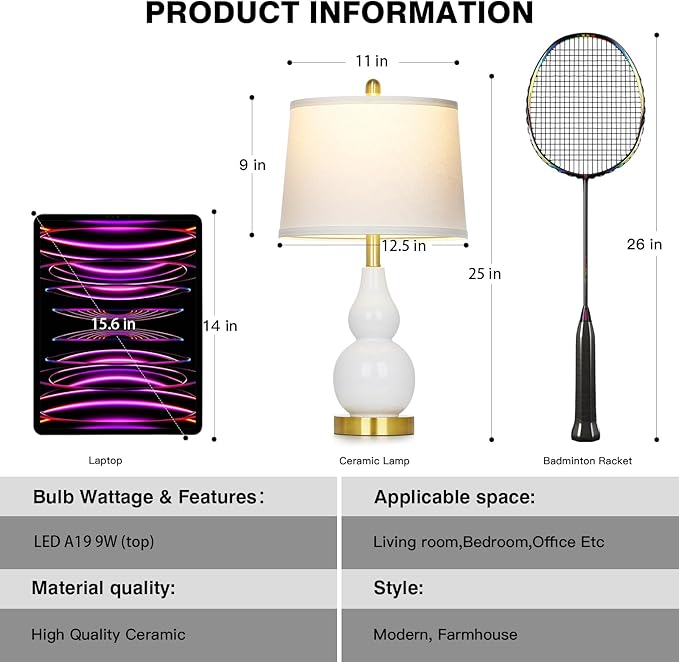 25" Ceramic Table Lamps Set of 2, Modern Double Gourd Ceramic Table Lamp for Living Room，White Rustic Farmhouse Bedside Nightstand Lamps with Fabric Shades for Bedroom Desk End Table Home Office Decor - Bloomnest