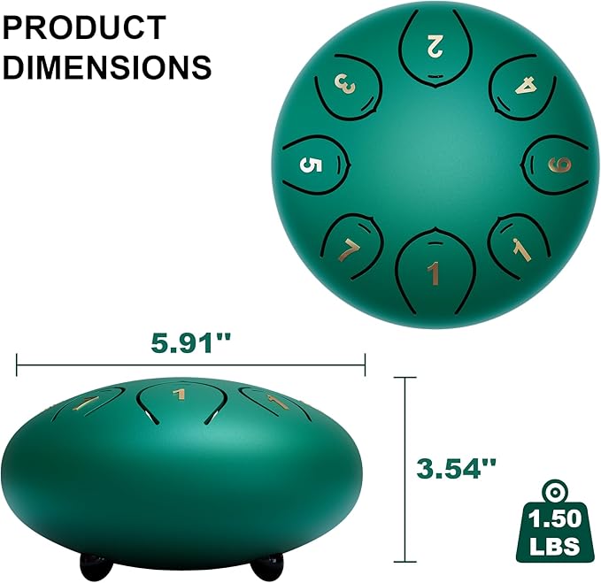 Steel Tongue Drum 6 Inch 8 Notes, Rain Drums for Outside C major, Hang Instrument, Handpan for Kids, Ethereal Hand Pan for Meditation Yoga Musical Education, Green - Bloomnest
