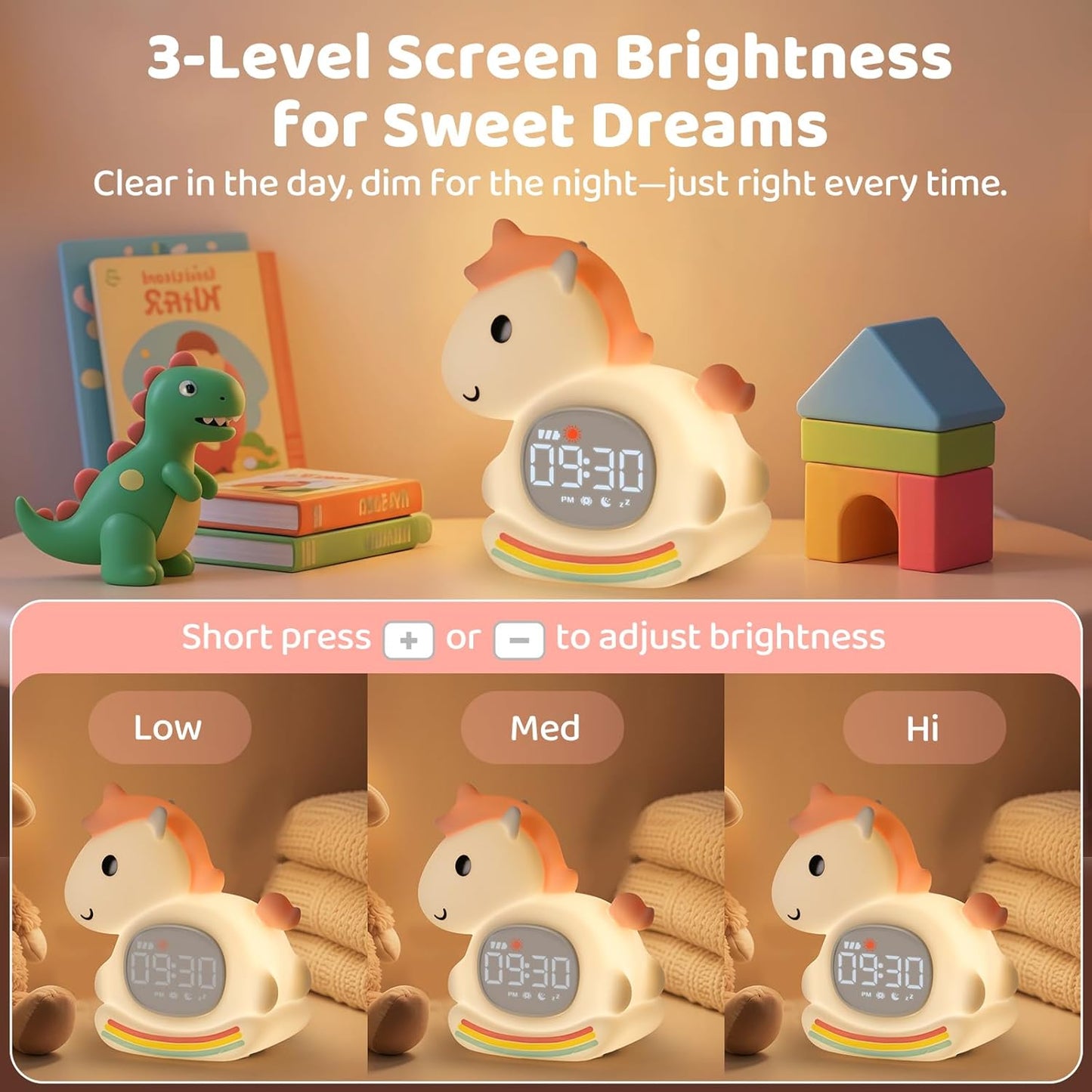 Alarm Clock with Night Light for Kids with Sleep Training and Sound Machine, Rechargeable Silicone Lamp OK to Wake Clock，Cute Animal Tabletop Lamp, Perfect Sleep Companion for Boys Girls,Pink Pony