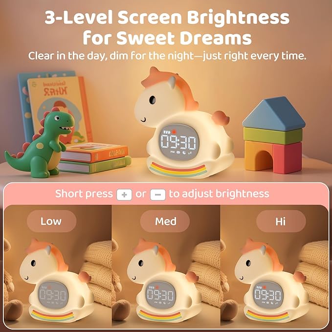 Alarm Clock with Night Light for Kids with Sleep Training and Sound Machine, Rechargeable Silicone Lamp OK to Wake Clock，Cute Animal Tabletop Lamp, Perfect Sleep Companion for Boys Girls,Pink Pony - Bloomnest