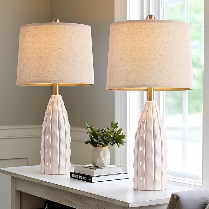 23.75-inch Ceramic Table Lamps Set of 2 for Living Room, Bedside Lamp for Bedroom and Farmhouse Nightstands or End Tables - Bloomnest