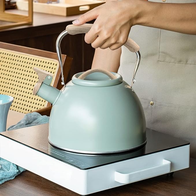 3.2 Quart Whistling Tea Kettle for Stove Top Stainless Steel Tea Pots With Wood Pattern Anti-slip Handle, Green… - Bloomnest