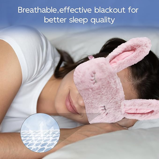 Cute Animal Sleeping Mask Sleep Mask, Soft Plush Rabbit Eye Mask for Travel Nap Sleeping Blindfold Eye Cover Eyeshade for Adult Kids Girls Teens Men Women - Rabbit, Pink - Bloomnest