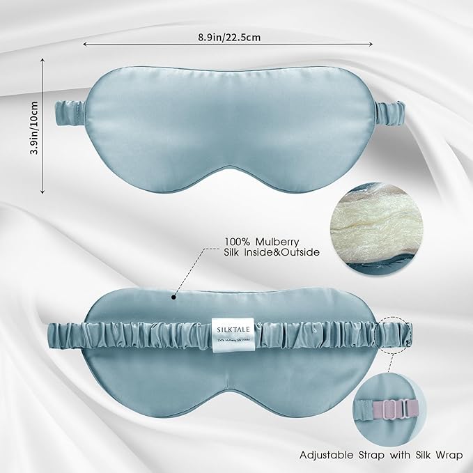 Mulberry Silk Blackout Adjustable Sleep Eye Mask for Men/Women Travel Plane,Pale Blue - Bloomnest