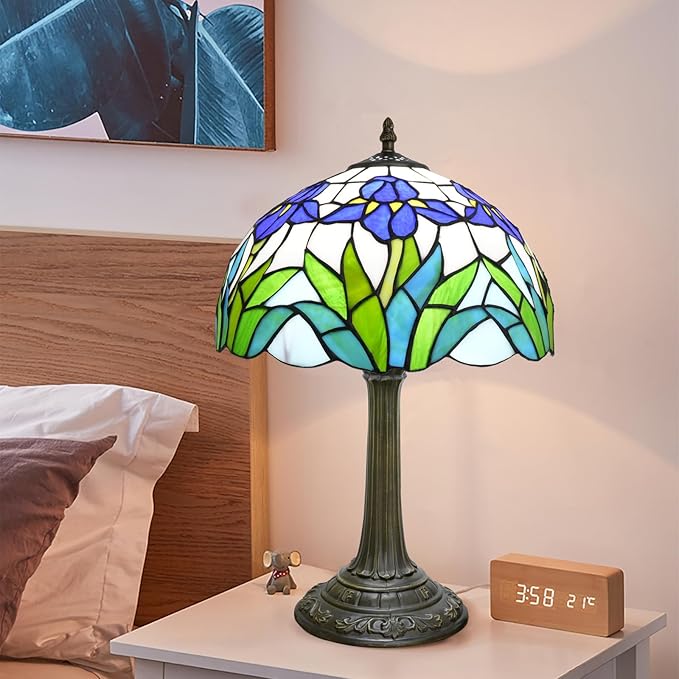 Tiffany Lamp Rural Style Green Blue Iris Flower Stained Glass Lamps Reading Bedside Bedroom Table Lamp Living Room end Kitchen Hotel Bar Home Small Space Decor Metal Base 12X19 Inche LED Vintage Lamp - Bloomnest