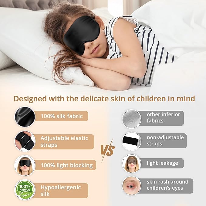 Kids Sleep Mask Eye Cover, 100% Real Natural Pure Silk Eye Mask with Adjustable Strap, Blindfold Kids Eye Mask for Sleeping, Eye Shade for Boys Girls and Adult, Pressure-Free Comfort (Black) - Bloomnest