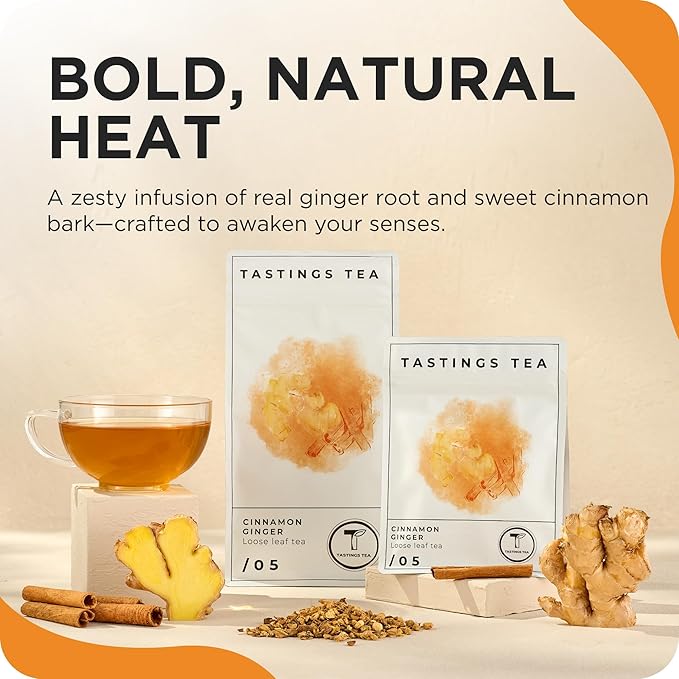 Tastings Tea Cinnamon Ginger Loose Leaf, 8 oz | Winter Warming Herbal Spice Blend for a Seasonal Brew | Natural Antioxidants for Wellness | Small Batch & Sustainably Sourced | Resealable Pouch - Bloomnest