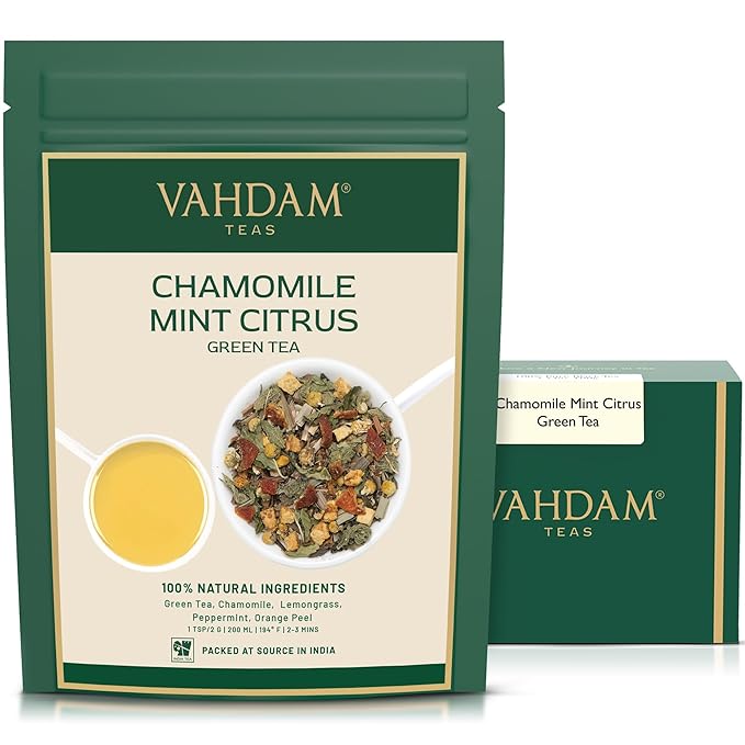 VAHDAM, Chamomile Mint Citrus Green Tea Leaves (50+ Cups, 3.5 oz) Essential Herbs | Green Tea Leaves, Chamomile, Peppermint, Spearmint, Orange Peels, Lemongrass | High Elevation Grown | Vacuum Sealed - Bloomnest