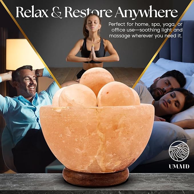 UMAID Himalayan Salt Lamp Bowl with 6 Massage Balls – Dimmable Natural Pink Rock Salt Lamp for Relaxation, Meditation,Yoga, Spa, Office, Bedroom, Wellness, Home Decor, and Unique Gift - Bloomnest