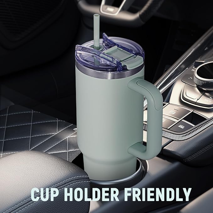 40 oz Tumbler with Handle and Straw Lid,Insulated Reusable Stainless Steel Water Bottle Travel Mug，Cupholder Friendly Double Wall Vacuum Sealed Cup (Shale) - Bloomnest