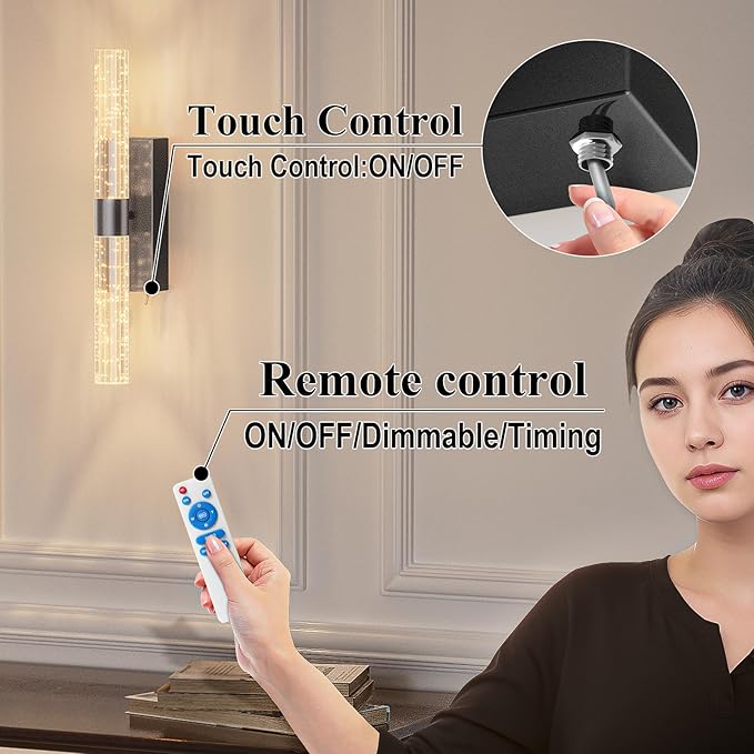 camuucci Battery Operated Black Wall Sconces Set of 2 Rechargeable Battery Powered Wall Light with 12000mAh Indoor Not Hardwired Dimmable Wall Lamp Fixtures for Bedroom Living Room 15.3 Inches - Bloomnest