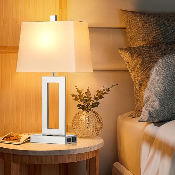 Table Lamp Set of 2 with USB C+A Ports & AC Outlet, Bedside Lamps, Modern Bedroom Lamps, Silver Lamps for Night Stands Bedroom Living Room,Nightstand Lamp - Bloomnest