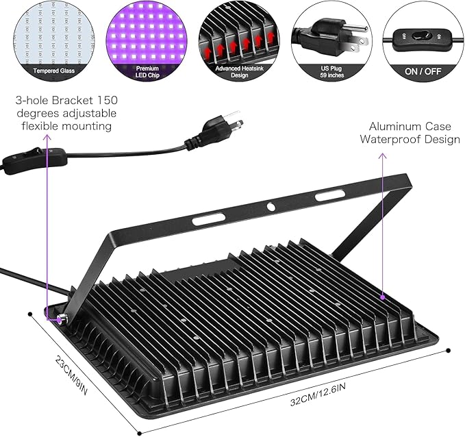 4 Pack 250W LED Flood Black Lights,395nm to 405nm UV Outdoor Flood High Power Blacklight Light with Plug in, IP66 Waterproof Large Black Light Spotlight for Glow Party Large Space, Halloween - Bloomnest