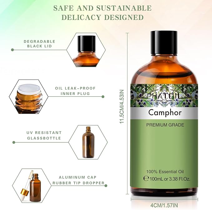 Camphor 3.38fl.oz Essential Oil, PHATOIL Aromatherapy Essential Oils for Diffuser, Humidifier, Perfect for DIY Soap, Candle, Bath Bombs Making(100ml) - Bloomnest