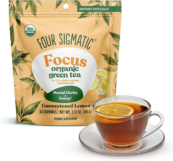 Four Sigmatic Focus Organic Green Tea | Focus Enhancing Tea with Lion's Mane Mushroom Extract | Organic Green Tea, Mint, and Rose Hips | Vegan, Gluten-Free | Unsweetened with Lemon, 24 Servings - Bloomnest