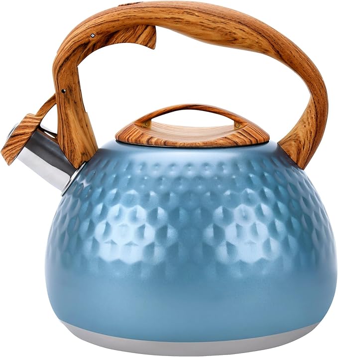 GGC Tea Kettle for Stove Top, Loud Whistling Kettle for Boiling Water Coffee or Milk, 3.1 Quart 3L Heavy Stainless Steel Blue Kettle with Wood Pattern Handle, Unique Button Control Kettle Outlet - Bloomnest