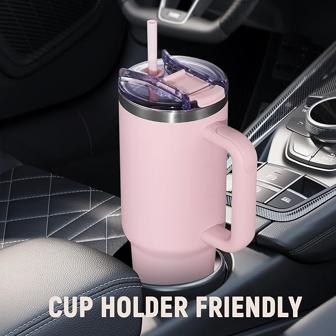 40 oz Tumbler with Handle and Straw Lid,Insulated Reusable Stainless Steel Water Bottle Travel Mug，Cupholder Friendly Double Wall Vacuum Sealed Cup (Pink) - Bloomnest