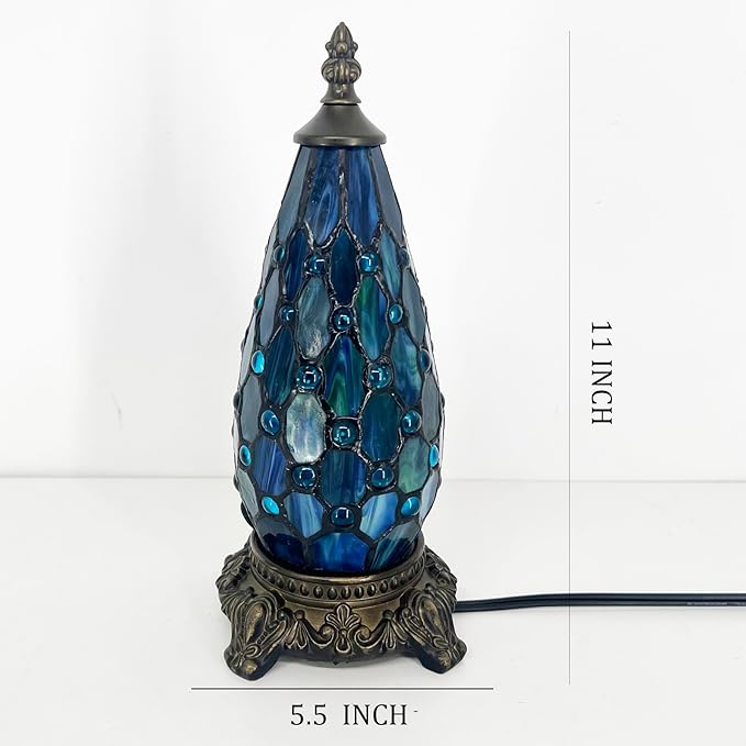 Small Tiffany Lamp Stained Glass Table Lamp 5.5X11 Inch Christmas Tree Lighthouse Mini Accent Memory Sympathy Antique Night Light for Bedroom Living Room (Blue Pearl)