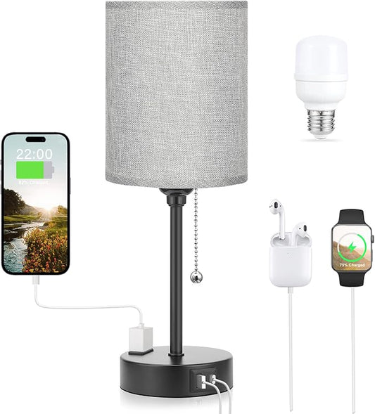 Grey Nightstand Lamps 3 Color Temperatures - 3000K 4000K 5000K Bedside Lamps with USB C and A Ports, Pull Chain Table Lamps with AC Outlet, Small Lamps with Black Metal Base for Sleeping Reading - Bloomnest