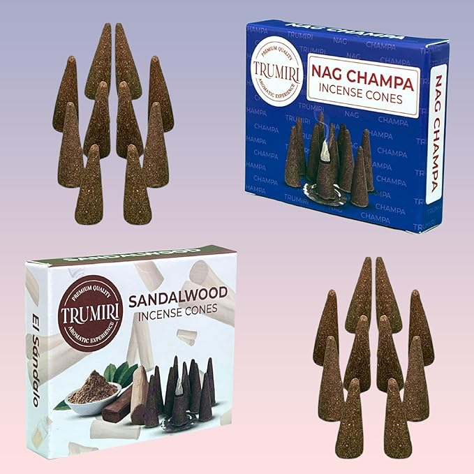 TRUMIRI Incense Cones - Combo Pack of 20 Cone Incense - 10 Nag Champa + 10 Sandalwood - Insence Cones - Incense Cones Scented - Cone Incense Scents - Insense Cones - Incent Cone TRUMIRI