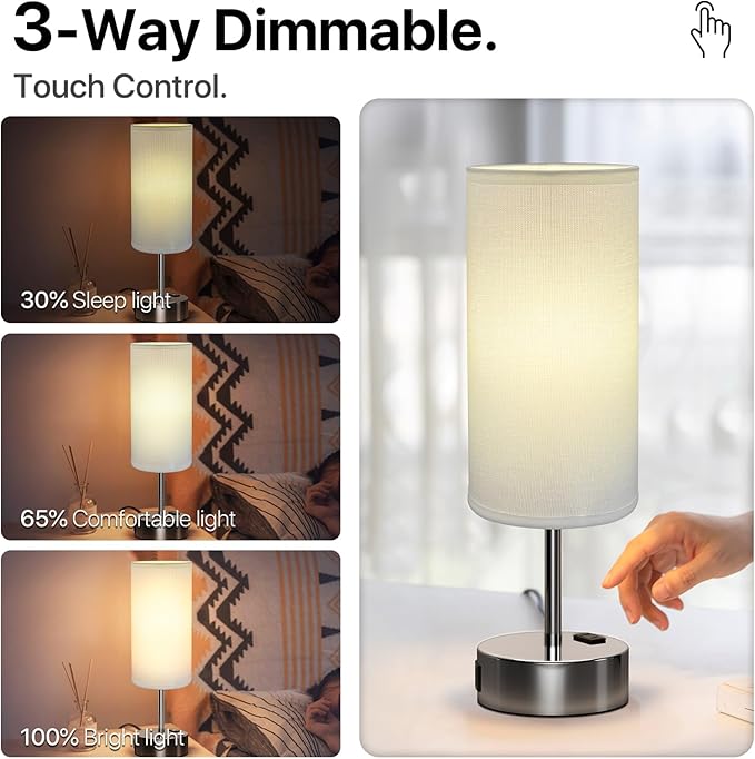 KPQ Small Bedside Lamp Touch Control Table Lamp with USB A+C Charging Ports & AC Outlet 3-Way Dimmable Nightstand Lamp with Linen Fabric Shade for Bedroom Living Room - Bloomnest