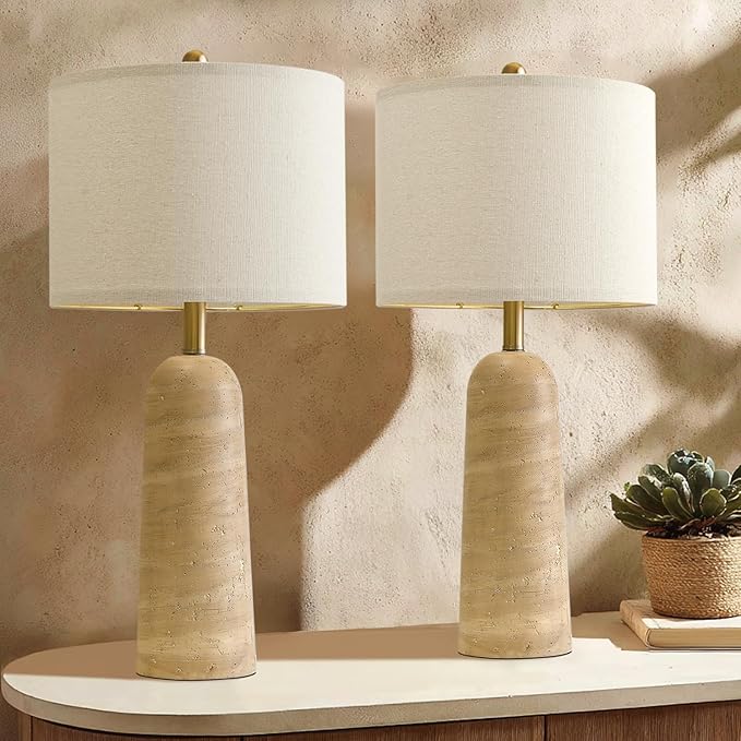 BOBOMOMO 27.25" Modern Table Lamp Set of 2, Beige Resin Lamp with Natural Stone Look, Travertine Lamps for Living Room with Linen Shades, Bedside Lamp for Bedroom, Living Room, Nightstand, Entryway - Bloomnest