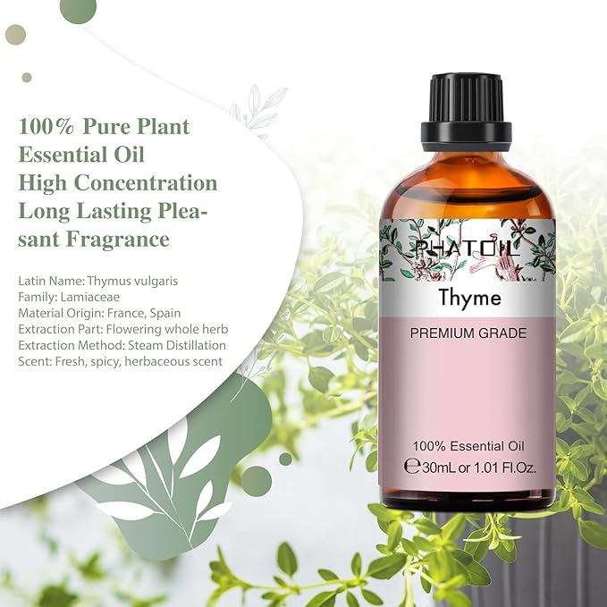 Thyme Essential Oil, 1.01Fl.Oz (30ML) PHATOIL Pure Essential Oil Singles for Aromatherapy Diffusers, Humidifiers, Great for DIY Candle and Soap Making, Gift for Friend PHATOIL