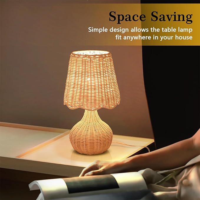 Rattan Small Bedside Table Lamp for Bedroom, Boho Mini Table Lamps for Nightstand, Farmhouse Small Table Lamps for Small Spaces for Kitchen Counter, Bookshelf, Bedroom, Kids Dorm - Bloomnest