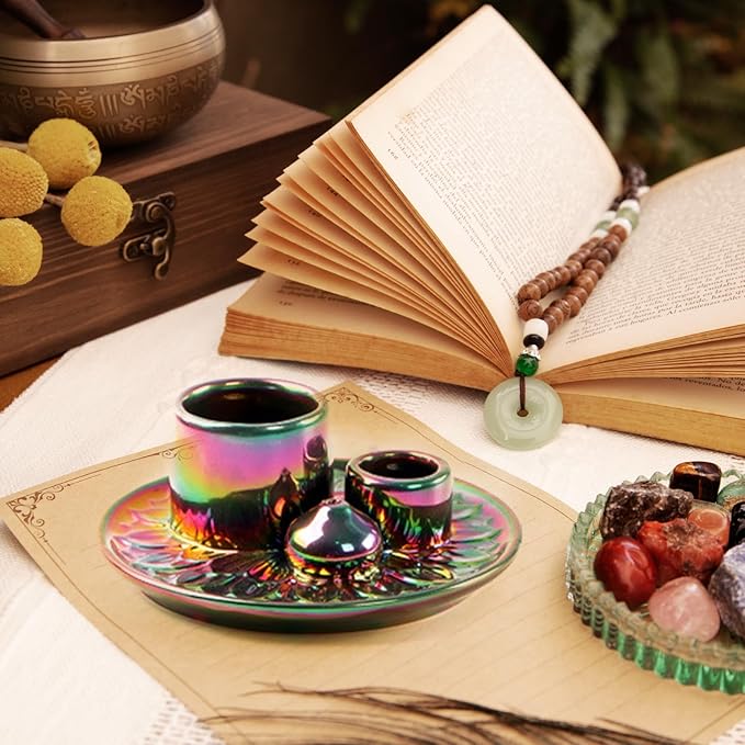 4 in 1 Ceramic Incense Holder, Palo Santo Stick Holder, Sage Holder for Burning, 5.2" Ash Catcher Tray for Meditation, Yoga & Home Decor (Colorful)