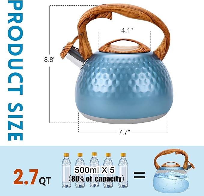 GGC Tea Kettle for Stove Top, Loud Whistling Kettle for Boiling Water Coffee or Milk, 3.1 Quart 3L Heavy Stainless Steel Blue Kettle with Wood Pattern Handle, Unique Button Control Kettle Outlet - Bloomnest
