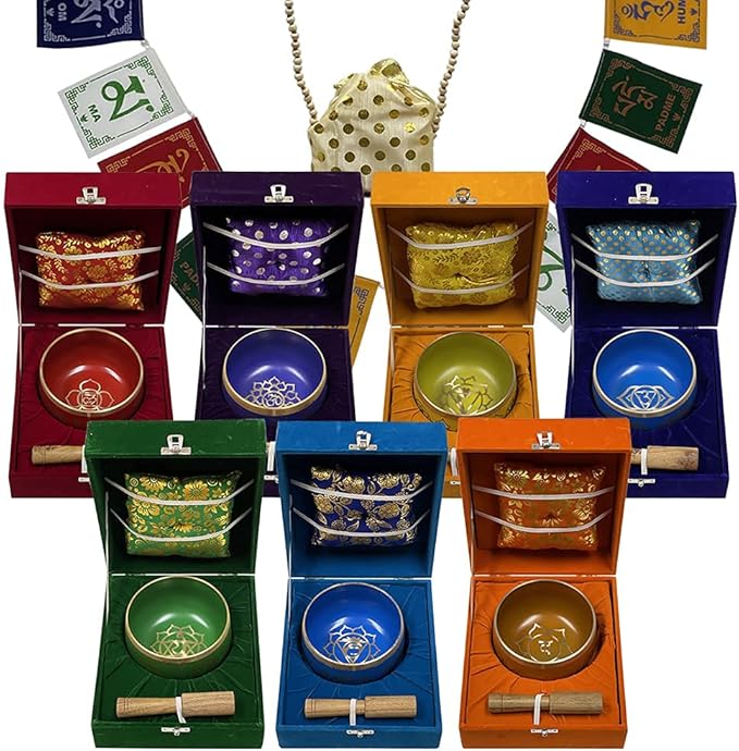 Chakra Singing Bowls Set Cuencos Tibetanos With Cushion Mallet Tulsi Beads Mala Tibetan Prayer Flag For Meditation Mindfulness - Style2 Size Large TRUMIRI