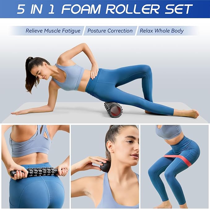 5-in-1 Foam Roller Set, Massage Roller Stick, Massage Ball, Resistance Band for Deep Muscle Massage, Trigger Point Release, Pilates, Yoga (Black-18(5 in 1))
