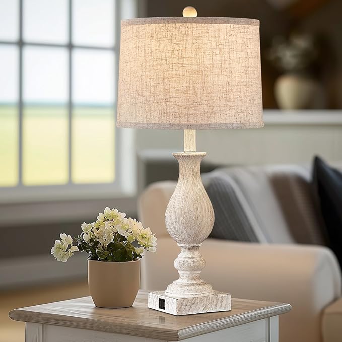 28'' Tall Farmhouse Table Lamps for Living Room, Bedroom Lamps Set of 2 with USB C+A Charging Ports, Rustic Farmhouse Nightstand Lamps for Bedside, Traditional Side Table Lamp with Fabric Shade - Bloomnest