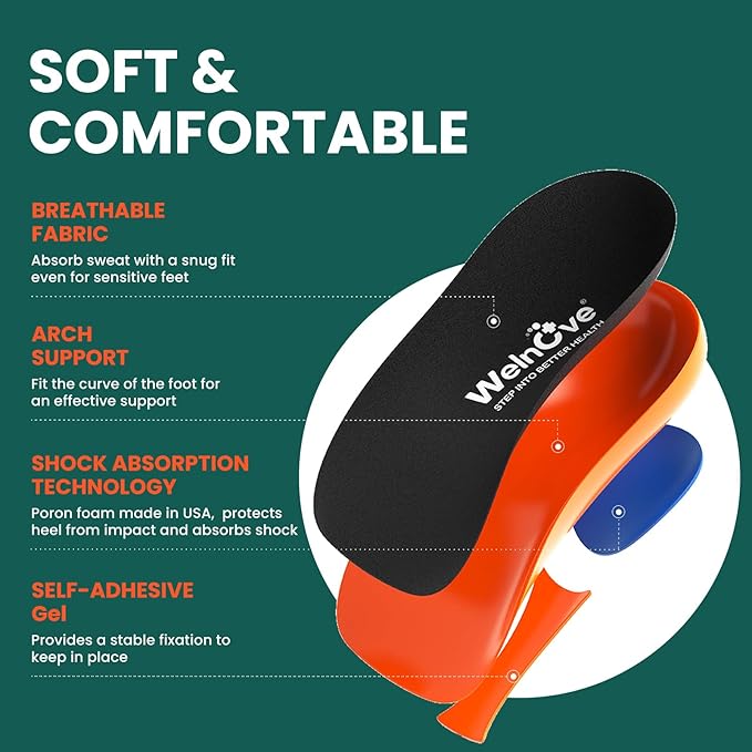 Welnove Gel Heel Cushion Cups With Arch Support - (FSA or HSA Eligible) for Plantar Fasciitis Relief, Pain, Achilles Tendonitis, Spur, Support - Women 9.5-13 & Men 8.5-12 - Bloomnest