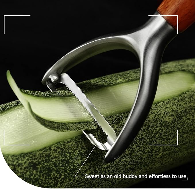 Premium high-end rosewood handle and 304 stainless steel serrated blade - ultra-sharp KULUNER Y-shaped rotary peeler for potatoes, fruits and vegetables, ergonomically designed for easy peeling - Bloomnest