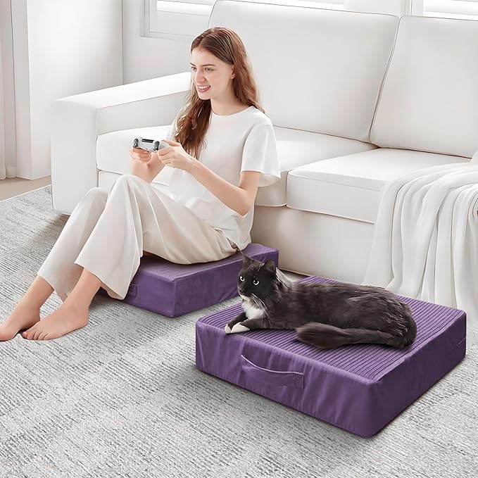 Large Floor Pillows for Adults, Thick Meditation Floor Cushions for Sitting Yoga, 22x22x5 Foam Seat Cushions Set of 2 for Furniture, Floor Pillow with Pleated Velvet Removable Cover, Lavender