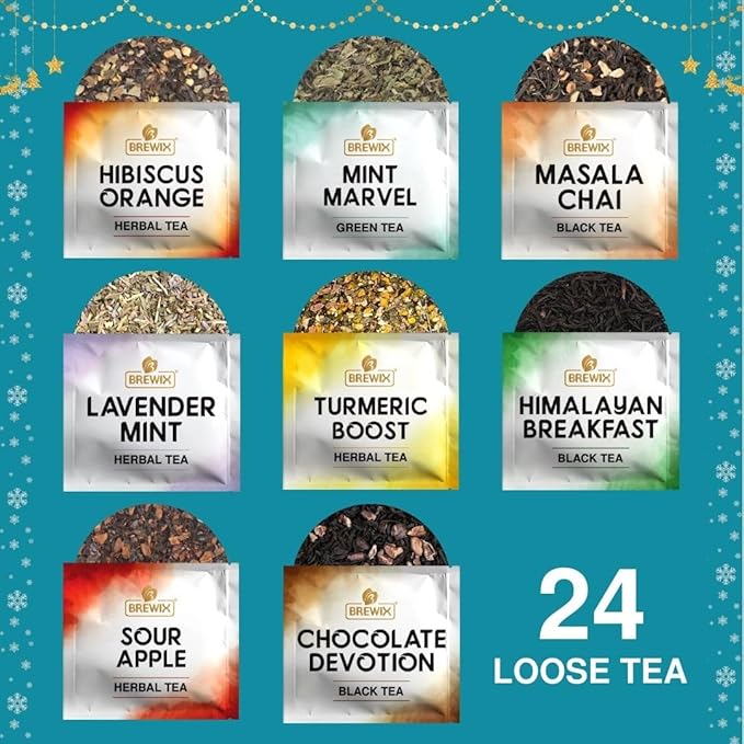 BREWIX, Tea Advent Calendar 2025 | 24 Delightful Black & Green Loose Leaf Teas - Holiday Gift Box | Christmas Advent Calendar 2025 for Adults | Gift Idea for Tea Lovers, Christmas Countdown Set | Holiday Variety Sampler for Tea Lovers - Bloomnest