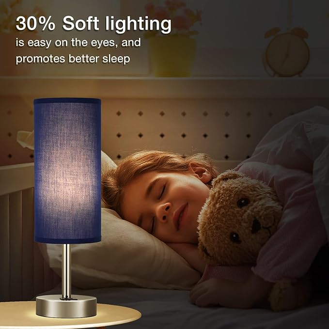 Navy Blue Touch Lamp for Boys - Small Nightstand Lamp with USB-C and USB Charging Ports, 3 Way Dimmable Bedside Table Lamp with Fabric Shade Silver Base for Nursery, Dorm, Office, Reading - Bloomnest