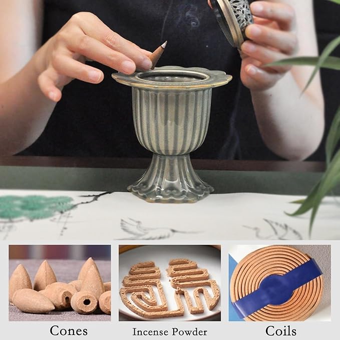 Ceramic Incense Holder with Braze Lid,Incense Cone Burner for Coil Incense,Mediation Gift,Home Decor (Light Green) - Bloomnest